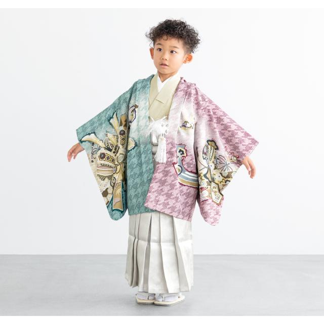 七五三 着物 男の子 5歳 2026 袴セット 10点セット 羽織 着物 半襦袢 袴 帯 羽織紐 扇子 懐剣 お守り袋 雪駄 セット 赤 緑 ベージュ 和服 男児 五歳 753 購入 男児 販売 お正月 肩上げ済 創美苑 送料無料_3