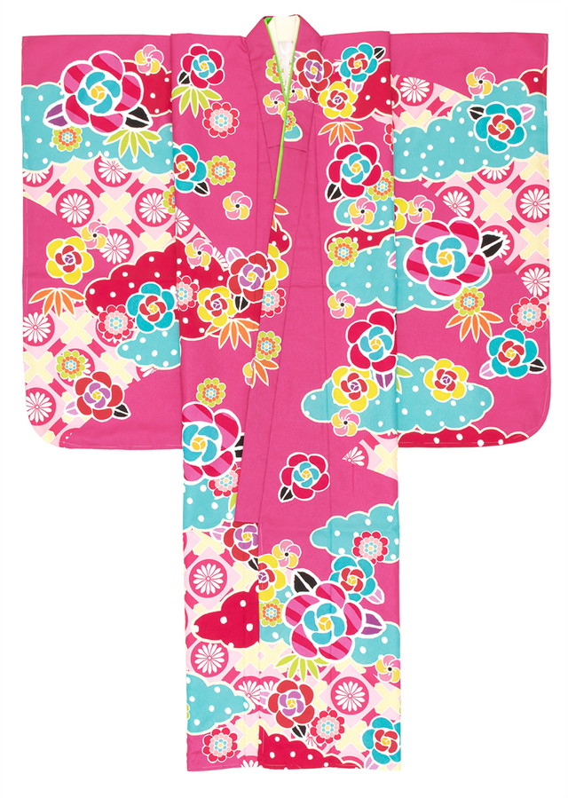 七五三 着物 7歳 購入 販売 女の子 ピンク 薔薇 バラ 菊 雲取り 水玉 捻り梅 重ね衿付 長襦袢付き 祝い着 七歳 女児 キッズ 送料無料_1