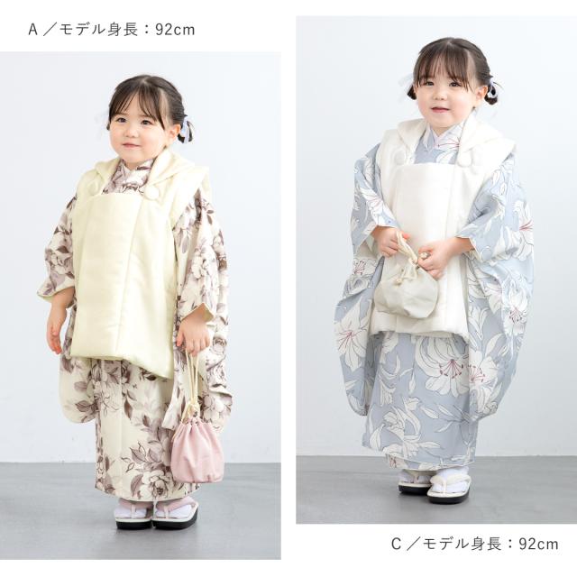 509agu7□七五三 三歳 女の子 着物＆被布 縮緬 総柄 花文様□状態良好 七五三 着物 被布コート セット 3歳 女の子 floro 2025新作