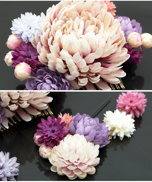 髪飾り 3点セット ピンポンマム 菊 花 フラワー 蕾 コサージュ ぶら