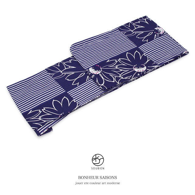 浴衣 レディース bonheur saisons ボヌールセゾン 紺 ネイビー 向日葵 ヒマワリ 縞 ストライプ 市松格子 モダン 綿 夏祭り 花火大会 女性用 仕立て上がり 【フリーサイズ】