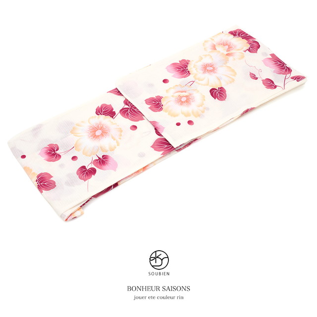 浴衣 レディース bonheur saisons ボヌールセゾン 白系 オフホワイト 赤 オレンジ 木芙蓉 花 綿 紅梅織り 夏祭り 花火大会 女性用 仕立て上がり 【フリーサイズ】