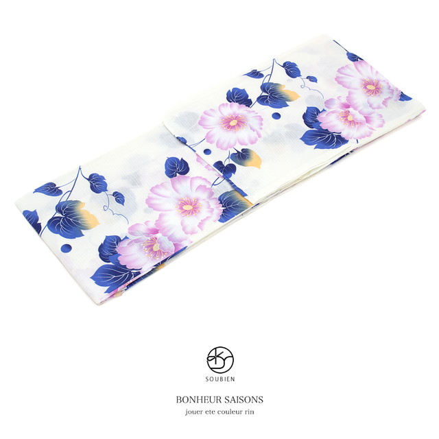 浴衣 レディース bonheur saisons ボヌールセゾン 白系 オフホワイト 紫 青 木芙蓉 花 綿 紅梅織り 夏祭り 花火大会 女性用 仕立て上がり 【フリーサイズ】