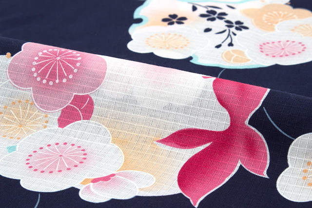 浴衣 レディース bonheur saisons ボヌールセゾン 濃紺色 ネイビー 白 ピンク 雪輪 梅 花 金魚 綿 紅梅織り 夏祭り 花火大会 女性用 仕立て上がり 【フリーサイズ】_1
