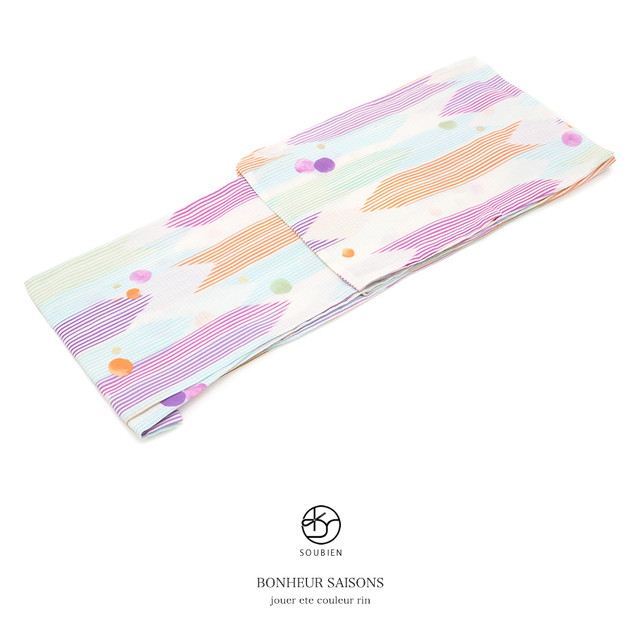 浴衣 レディース bonheur saisons ボヌールセゾン 白系 カラフル オレンジ 紫 水色 矢羽根 縞 水玉 ラメ 綿 紅梅織り 夏祭り 花火大会 女性用 仕立て上がり 【フリーサイズ】