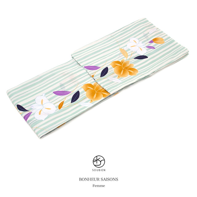 浴衣 レディース bonheur saisons ボヌールセゾン 薄緑 グリーン 生成り色 橙色 白 木蓮 花 縞 ラメ 綿麻 夏祭り 花火大会 女性用 仕立て上がり 【フリーサイズ】【送料無料】の通販は 14,256円