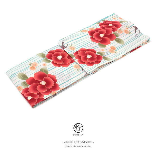 浴衣 レディース bonheur saisons ボヌールセゾン 白 オフホワイト 赤 レッド 椿 菊 燕 つばめ 雨縞 ラメ 綿 紅梅織 夏祭り 花火大会 女性用 仕立て上がり 【フリーサイズ】