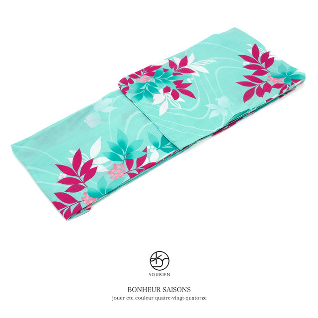 浴衣 レディース bonheur saisons ボヌールセゾン 青緑 ターコイズグリーン ピンク 南天 流水 金魚 綿 紅梅織 夏祭り 花火大会 女性用 仕立て上がり 【フリーサイズ】