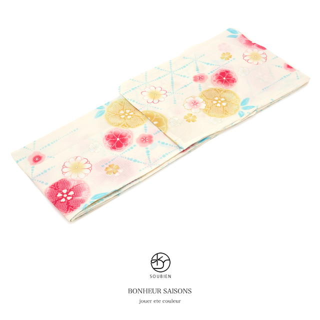 浴衣 レディース bonheur saisons ボヌールセゾン 薄黄色 クリーム 赤 水色 桜 梅 花 水玉 三角 鱗文 ラメ 綿 紅梅織 夏祭り 花火大会 女性用 仕立て上がり 【フリーサイズ】
