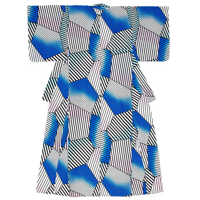 浴衣 レディース bonheur saisons ボヌールセゾン 青系 ブルー 白系 六角形 縞 ストライプ 結晶 幾何学 アートモダン 綿 夏祭り 花火大会 女性用 仕立て上がり