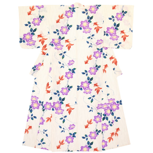 浴衣 レディース bonheur saisons ボヌールセゾン 白系 オフホワイト 紫 鉄線花 クレマチス 金魚 雨縞 綿 変わり織り 夏祭り 花火大会 女性用 仕立て上がり【送料無料】