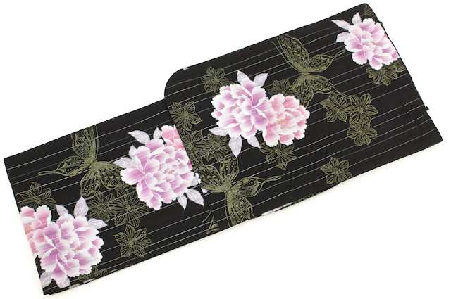 浴衣 レディース 女性用 花火大会 夏祭り bonheur saisons（ボヌールセゾン） FEMME 黒 ブラック 紫 パープル 牡丹 百合 蝶 ラメ 綿 【フリーサイズ】