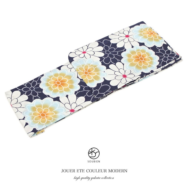 浴衣 レディース bonheur saisons ボヌールセゾン 紺 ネイビー 白 ホワイト 黄色 菊 きく キク ガーベラ 綿 夏祭り 花火大会 女性用 仕立て上がり 【S・フリー】