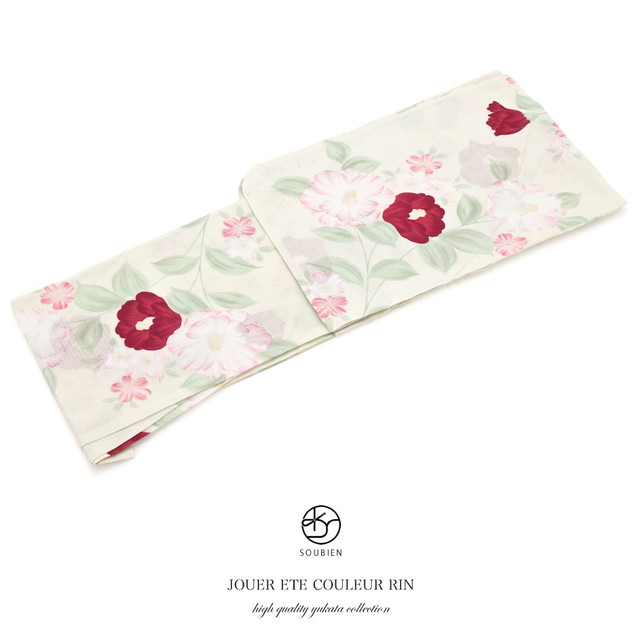 浴衣 レディース bonheur saisons ボヌールセゾン 白 クリームホワイト ピンク 赤 椿 ツバキ 綿 紅梅 ラメ 綿 夏祭り 花火大会 女性用 仕立て上がり 【フリーサイズ】