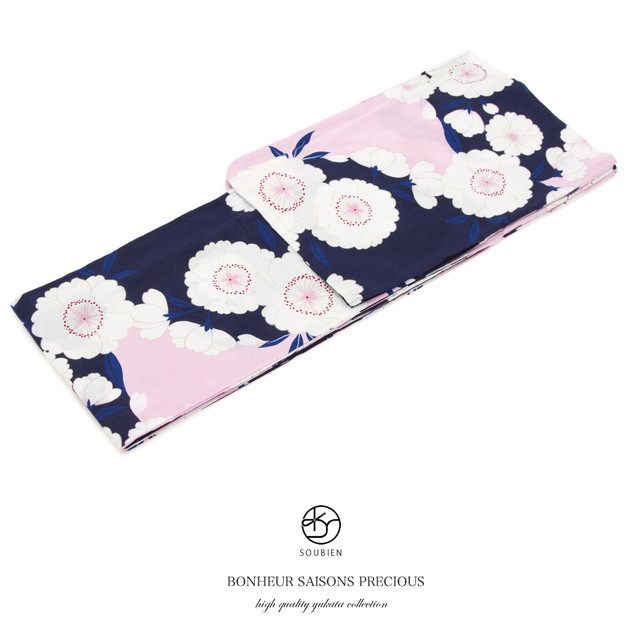 浴衣 レディース bonheur saisons ボヌールセゾン 紺 ネイビー 白 桜 ラメ 綿麻 夏祭り 花火大会 女性用 仕立て上がり 【フリーサイズ】【送料無料】