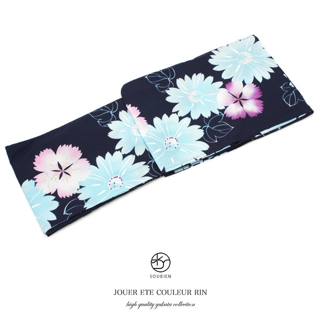 浴衣 レディース bonheur saisons ボヌールセゾン 紺色 ネイビー 水色 向日葵 ヒマワリ 撫子 ラメ 綿 夏祭り 花火大会 女性用 仕立て上がり の通販は 9,900円