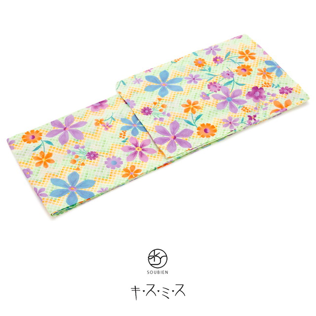 レディース浴衣 ブランド キスミス 緑 グリーン 橙色 オレンジ カラフル クレマチス 花 変わり縞 綿 紅梅織り 夏祭り 花火大会 女性用 仕立て上がり 【フリーサイズ】