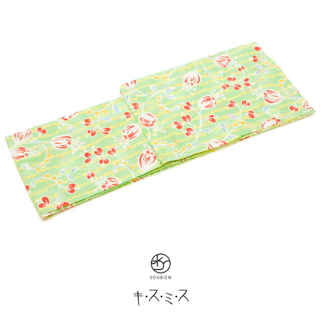 レディース浴衣 キスミス 黄緑 イエローグリーン 橙色 オレンジ 花 変わり縞 綿 紅梅織り 夏祭り 花火大会 女性用 仕立て上がり 【フリーサイズ】