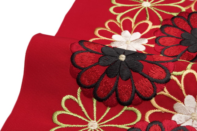 半襟 刺繍 振袖 成人式 半衿 赤 レッド カラフル 菊 キク 花 新