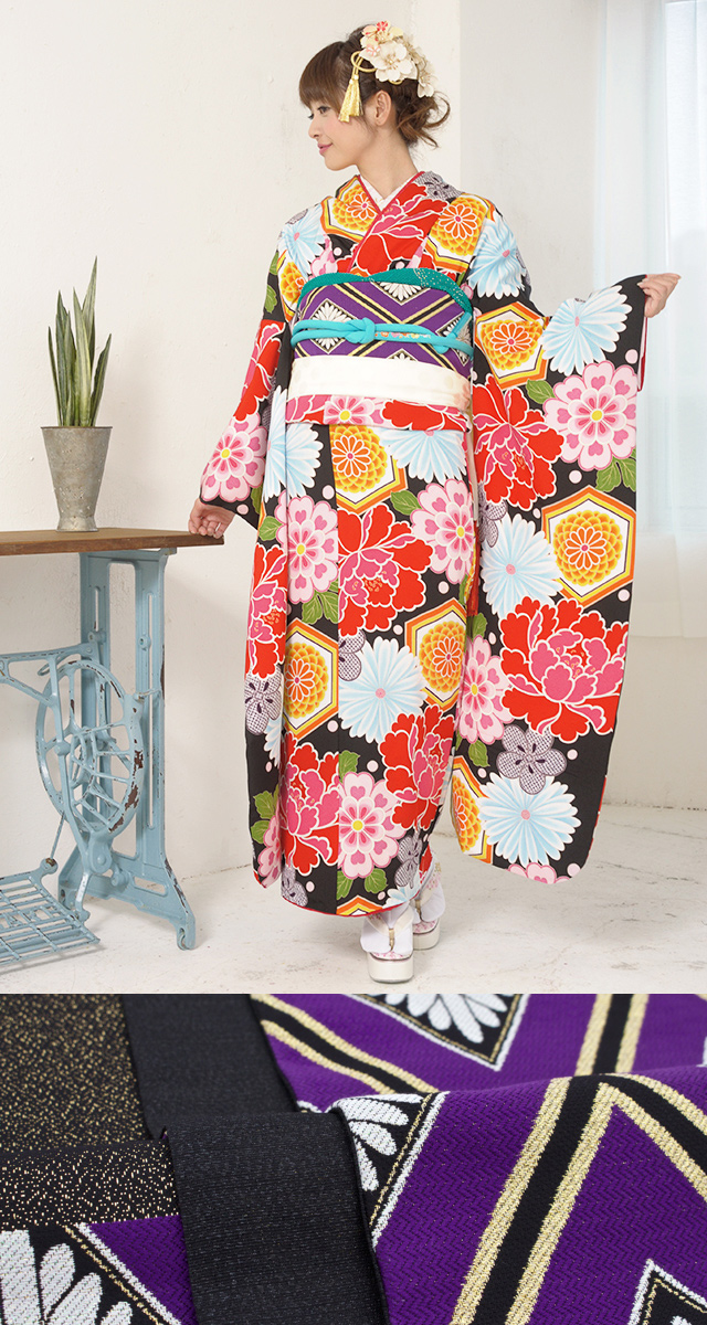 振袖 セット 未仕立て 仮絵羽 黒 ブラック 牡丹 菊 亀甲 花 正絹 西陣織 振り袖 ふりそで 成人式 結婚式 レディース オーダー 日本製 振袖 セット 未仕立て 仮絵羽 黒 ブラック 牡丹 菊 亀甲 花 正絹