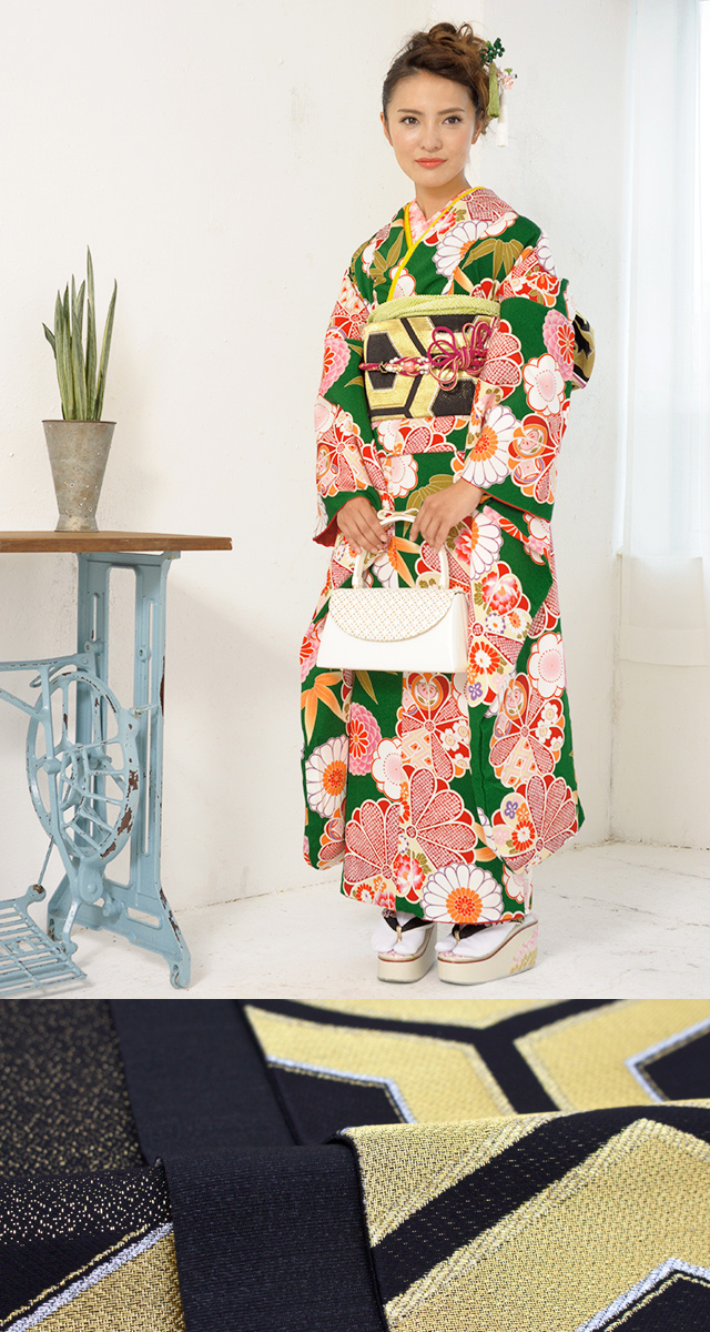 振袖 セット 未仕立て 仮絵羽 緑 グリーン 菊 梅 竹笹 花 正絹 西陣織