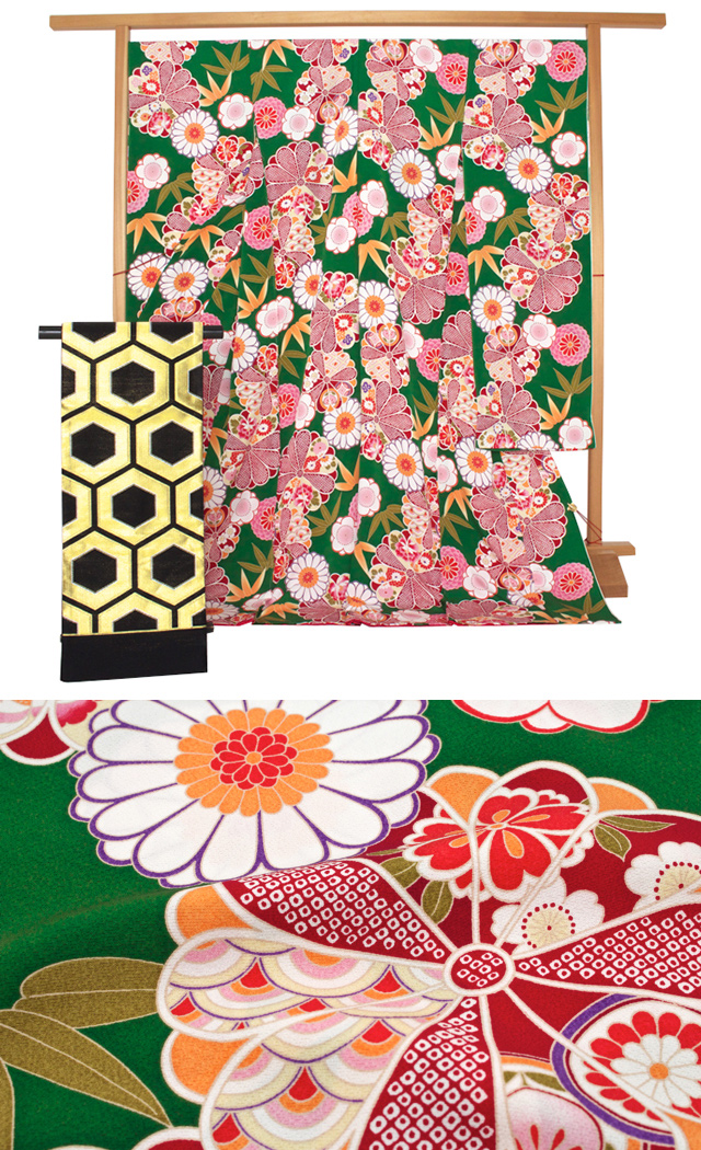 振袖 セット 未仕立て 仮絵羽 緑 グリーン 菊 梅 竹笹 花 正絹 西陣織 振り袖 ふりそで 成人式 結婚式 レディース オーダー 日本製 振袖 セット 未仕立て 仮絵羽 緑 グリーン 菊 梅 竹笹 花 正絹 西陣織