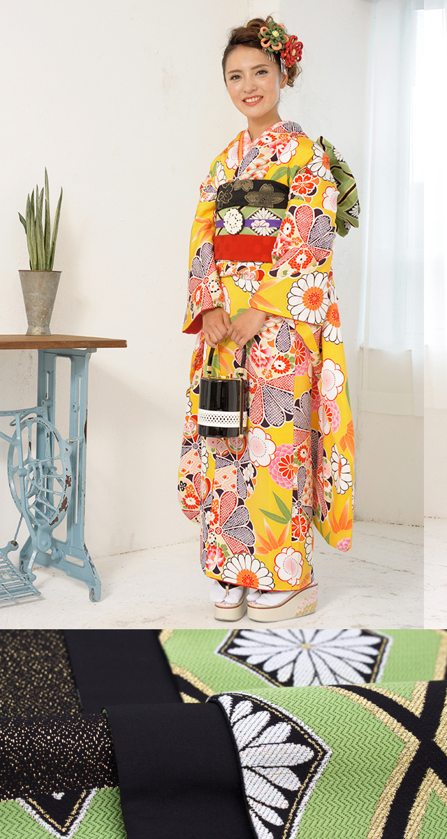 振袖 セット 未仕立て 仮絵羽 黄 イエロー 菊 梅 竹笹 花 正絹 西陣織 振り袖 ふりそで 成人式 結婚式 レディース オーダー 日本製 振袖 セット 未仕立て 仮絵羽 黄 イエロー 菊 梅 竹笹 花 正絹 西陣織