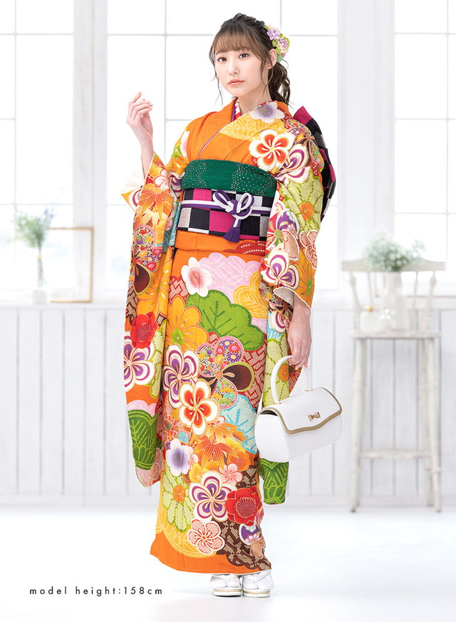 振袖セット 振袖購入 成人式 販売 日本製 7点セット 絵羽柄 橙色 黄色 桜 鹿の子 丹後ちりめん 正絹 京友禅 西陣織 送料無料 振袖セット 振袖購入 成人式 販売 日本製 7点セット 絵羽柄 橙色 黄色