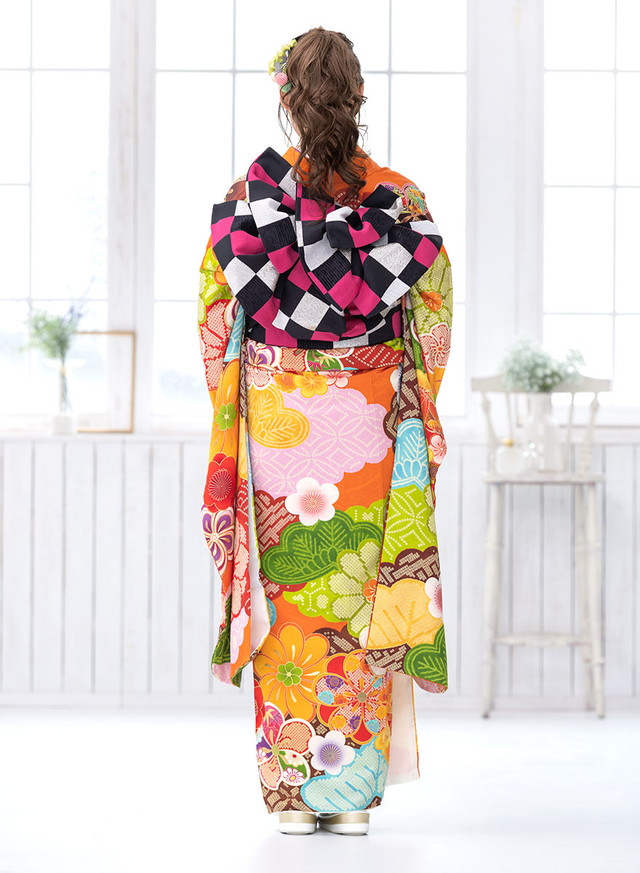 振袖セット 振袖購入 成人式 販売 日本製 7点セット 絵羽柄 橙色 黄色