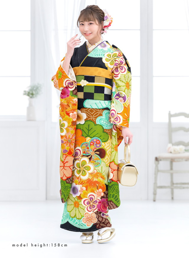 成人式振袖フルセット1106 正絹振袖古典総柄縮緬青オレンジ