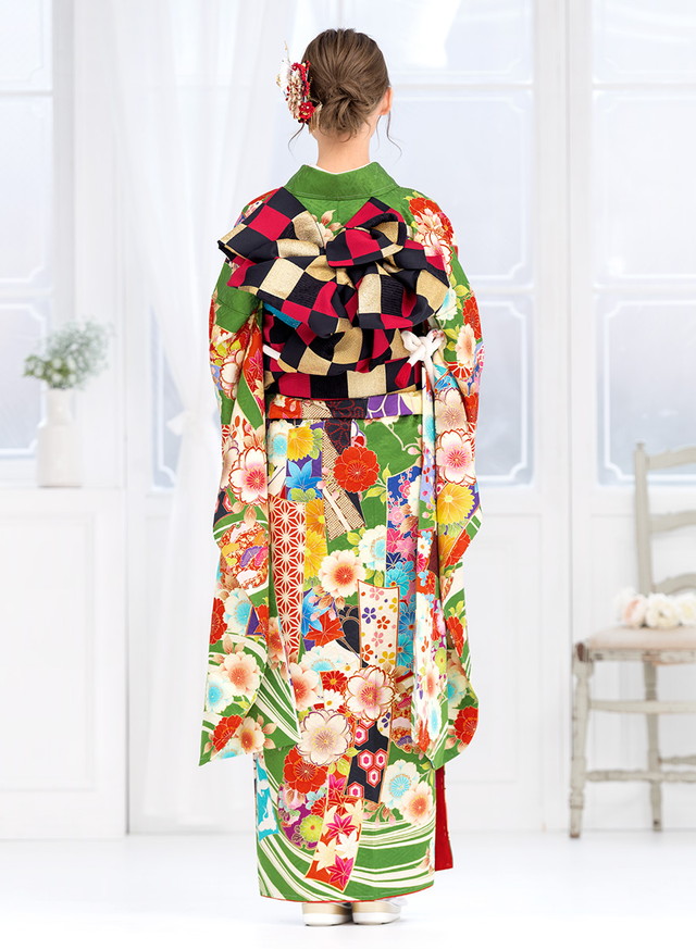 振袖セット 振袖購入 成人式 販売 日本製 8点セット 絵羽柄 緑 ピンク