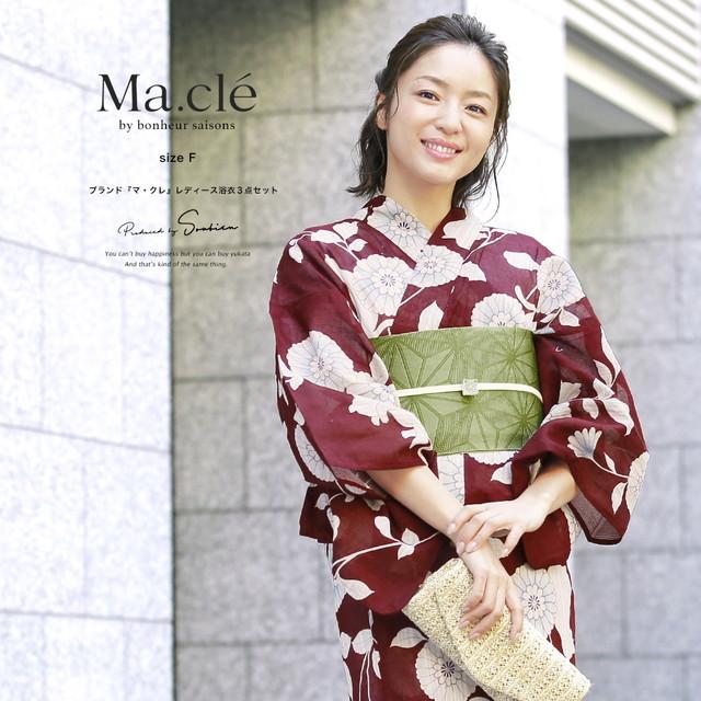 即納【レディース浴衣3点セット】浴衣セット/レディース/濃赤/生成色/菊/花/猫/ネコ/綿麻/女性/マクレ/ボヌールセゾン/フリー/大人/送料無料の通販は