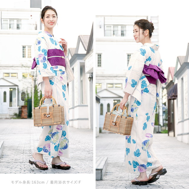 即納【レディース浴衣3点セット】浴衣セット/レディース/ベージュ/水色/紫色/朝顔/花/綿麻/女性/マクレ/ボヌールセゾン/フリー/大人/送料無料 即納【レディース浴衣3点セット】浴衣セット/レディース/ベージュ/水色