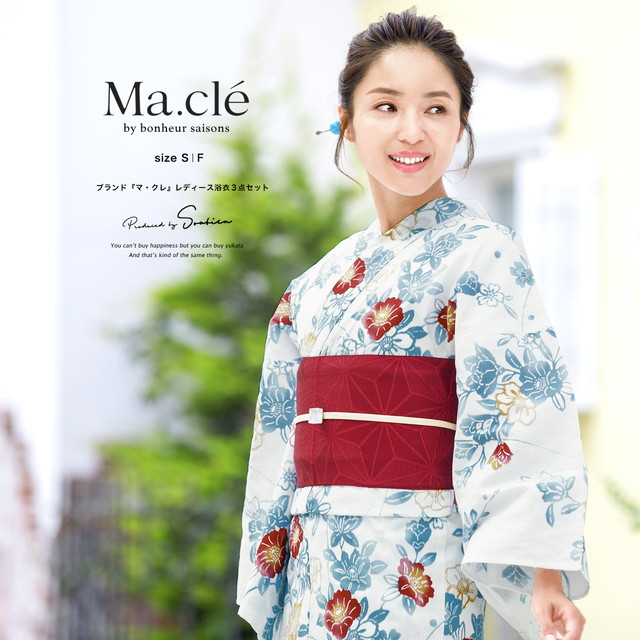 即納【レディース浴衣3点セット】浴衣セット/レディース/白系/水色/椿/花/紅型風/花/綿/女性/マクレ/ボヌールセゾン/S/フリー/大人/送料無料
