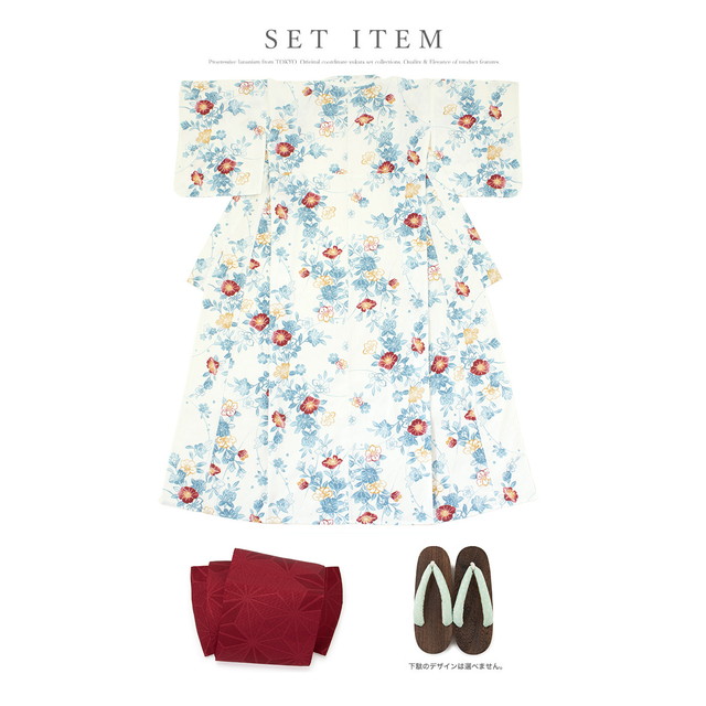即納【レディース浴衣3点セット】浴衣セット/レディース/白系/水色/椿