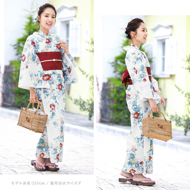 即納【レディース浴衣3点セット】浴衣セット/レディース/白系/水色/椿