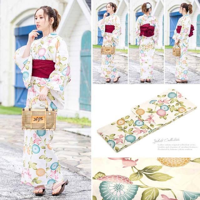 浴衣セット レディース レトロ 浴衣セット 大人 3点セット 白系