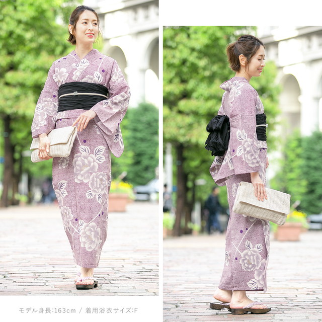 即納【レディース浴衣3点セット】浴衣セット/レディース/紫色/鹿の子/牡丹/花/露芝/ラメ/綿麻/女性/マクレ/ボヌールセゾン/フリー/大人/送料無料 即納【レディース浴衣3点セット】浴衣セット/レディース/紫色/鹿の子