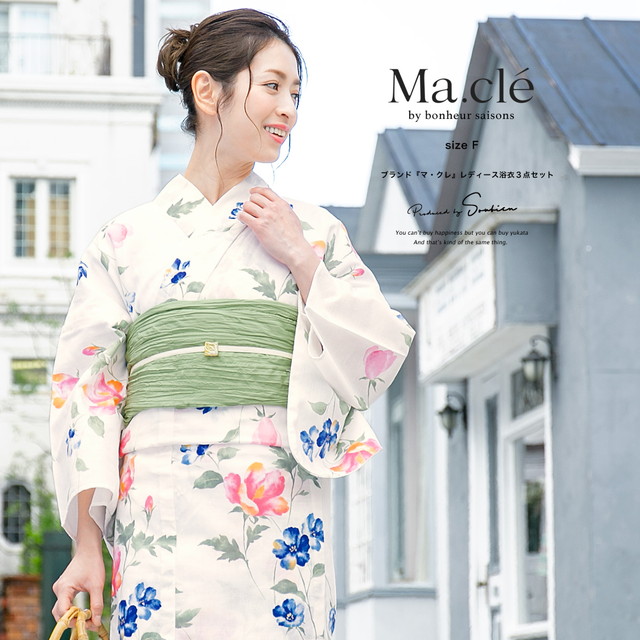即納【レディース浴衣3点セット】浴衣セット/レディース/白系/青/ブルー/ピンク/花芙蓉/ラメ/綿麻/女性/マクレ/ボヌールセゾン/フリー/大人/送料無料