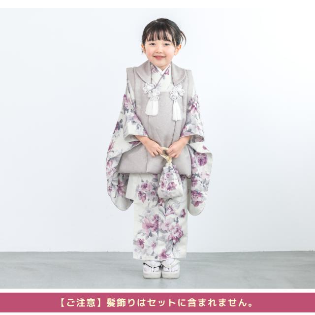 七五三 着物 3歳 レトロ 被布 2026 販売 bonheur saisons 女の子 三歳 着物セット 被布コート 襦袢 草履 セット かわいい おしゃれ ピンク 白 バラ 百合 花柄 和装 女児 子供 送料無料_3
