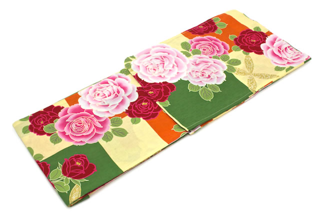 【モデル「大橋リナ」着用！】 浴衣 レディース 緑 グリーン 黄色 オレンジ カラフル 市松 薔薇 バラ 花 綿 女性用 仕立て上がり