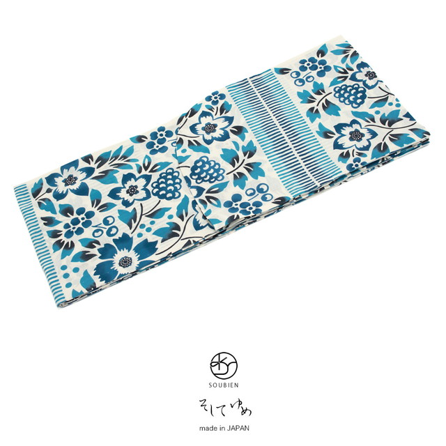 浴衣 レディース そしてゆめ 白 オフホワイト 青 ブルー 藍 更紗 花 舟底袖 注染 綿 日本製 夏祭り 花火大会 女性用 仕立て上がり 【送料無料】