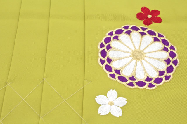 袴 レディース 単品 緑黄 グリーンイエロー 菊 桜 花 刺繍 無地 卒業式