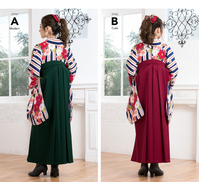 袴セットレディース 袴セット レディース 卒業式 小学生 大学生 ボヌールセゾン 紺 ネイビー 深緑色 赤紫色 椿 梅 花 縞 菊紗綾形 レトロモダン 小紋柄 小振袖 仕立上がり 着物セット 袴セットレディース 袴セット レディース 卒業式 小学生 大学生