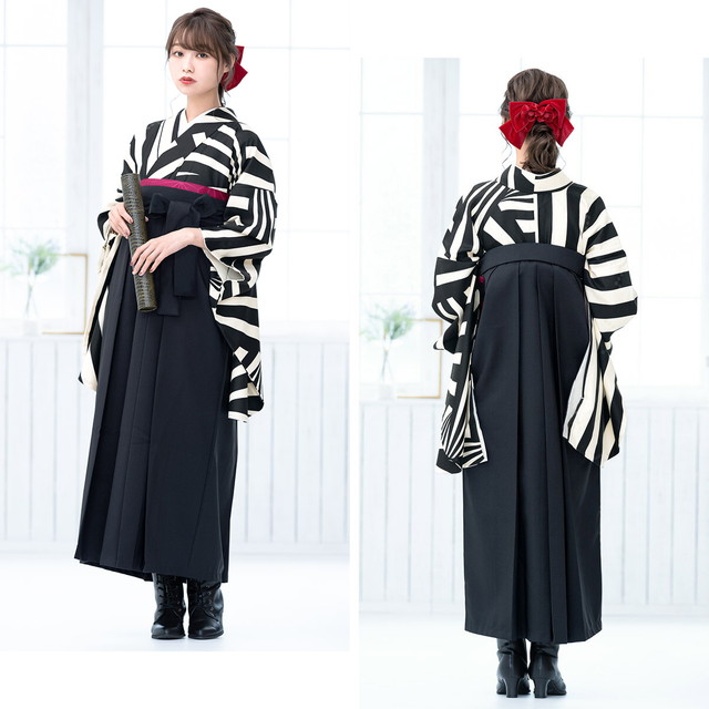 袴セットレディース 袴セット レディース 卒業式 小学生 大学生 ボヌールセゾン 黒 白 縞 ストライプ 幾何学模様 小振袖 女性 レディース 日本製 送料無料 袴セットレディース 袴セット レディース 卒業式 小学生 大学生