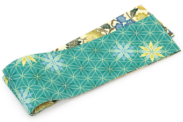 半幅帯 正絹 リバーシブル WA・KKA 白茶色 クリーム 芥子 茶 青緑 花