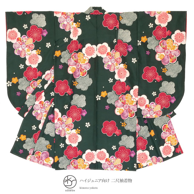 卒業式 女の子 小学校 袴用二尺袖着物 bonheur saisons レトロモダン 緑 グリーン 梅 うめ 鹿の子 花 十三参り 13歳 ハイジュニア キッズ 小振袖 仕立て上がり