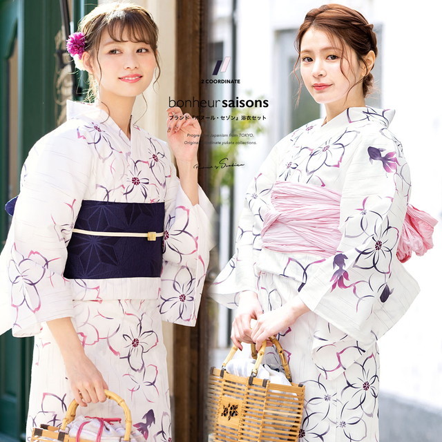 浴衣セット レディース 浴衣セット 作り帯 大人 3点セット（浴衣/帯/下駄） bonheur saisons ボヌールセゾン 白系 アイボリー 紫 紺 桜 サクラ 花 雨縞 金魚 綿 夏 花火大会の通販は