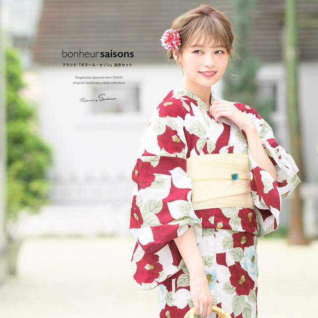 浴衣セット レディース レトロ 作り帯 浴衣セット 大人 3点セット 赤 レッド クリーム 椿 花 綿麻 女性 ボヌールセゾン S フリーの通販は 24,990円