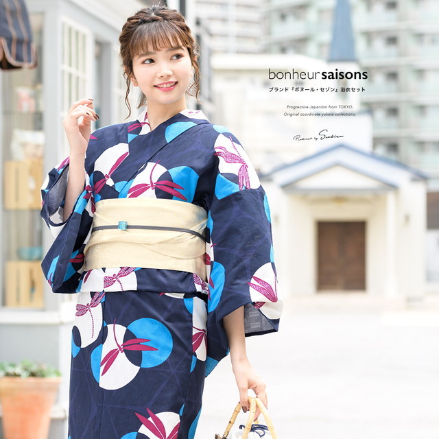 浴衣セット レディース レトロ 作り帯 浴衣セット 大人 3点セット 紺 ネイビー クリーム とんぼ 水玉 綿 女性 ボヌールセゾン S フリー